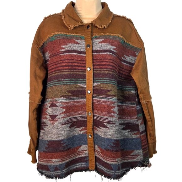 blue b Jackets & Blazers - Brown Aztec Frayed Hem Button-Up Jacket Medium By Blue B Collection